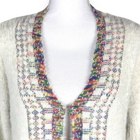 Janice Fuzzy Longline Cardigan Cream Southwestern Trim Fray Fringe Medium - Picture 4 of 14